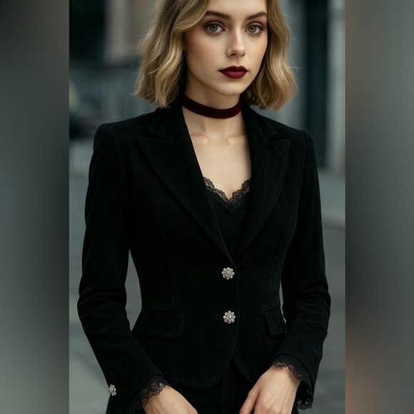 Old Navy Jackets & Blazers - Vintage 90s Black Velvet Blazer XS | Lace Trim & Rhinestone Buttons